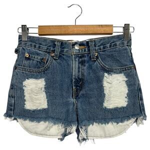 Levis 550 Shorts Girls 12 Blue Distressed Denim High Rise Frayed Hem 26x26.5